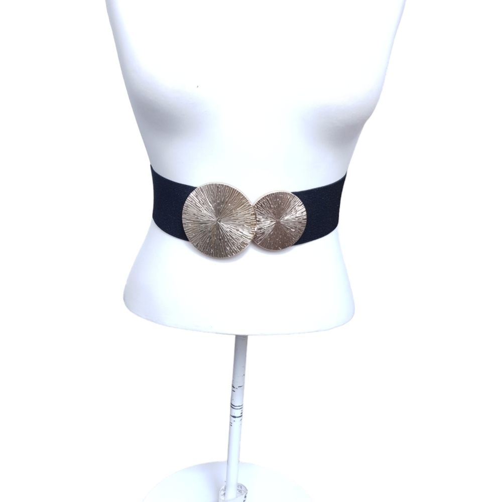 Black & Gold elastic waist belt with round disk buckle - Picture 2 of 5